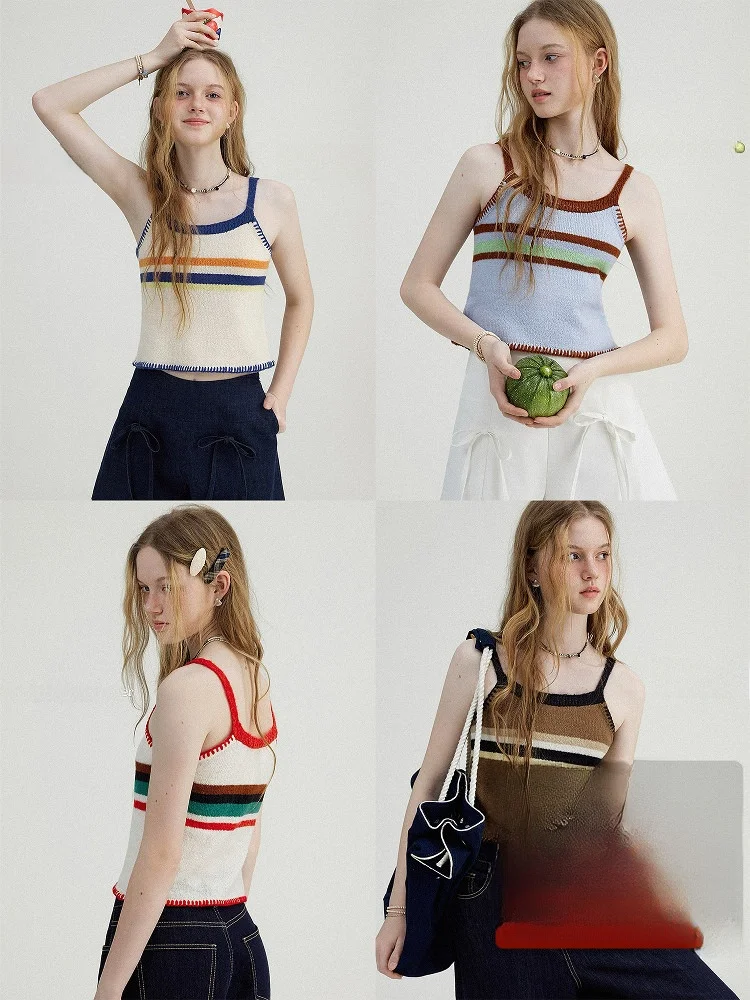

Le Commuter Sle Knitted ort Crop Top Women's U-Ne Strap Vest Color Blo Retro Line Ding Ice Cr Color Summer 2025