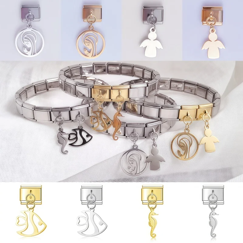 

New Virgin Mary Little Angel Fish Sea Horse Link Italian Charm Stainless Steel Bracelet Pendant Fit 9mm DIY Women's Jewelry