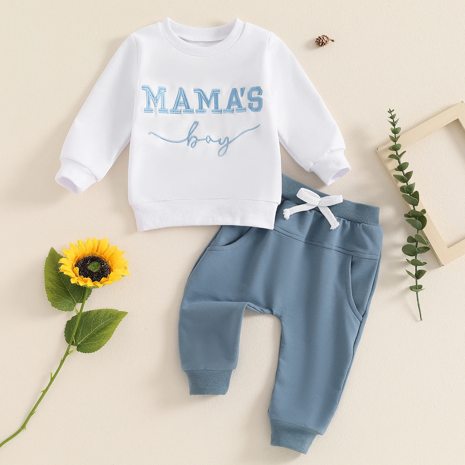 Boys Autumn 2PCS Outfit Sets Long Sleeve O Neck Letter Embroidery Tops Drawstring Pants Sets image 5
