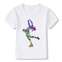 Watercolor Ice Skating Girl Print Design Kids T Shirt Cute Summer Top Girls Clothes White Tshirt Child T-Shirts Wholesale