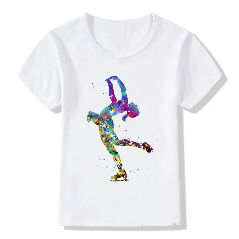 Watercolor Ice Skating Girl Print Design Kids T Shirt Cute Summer Top Girls Clothes White Tshirt Child T-Shirts Wholesale