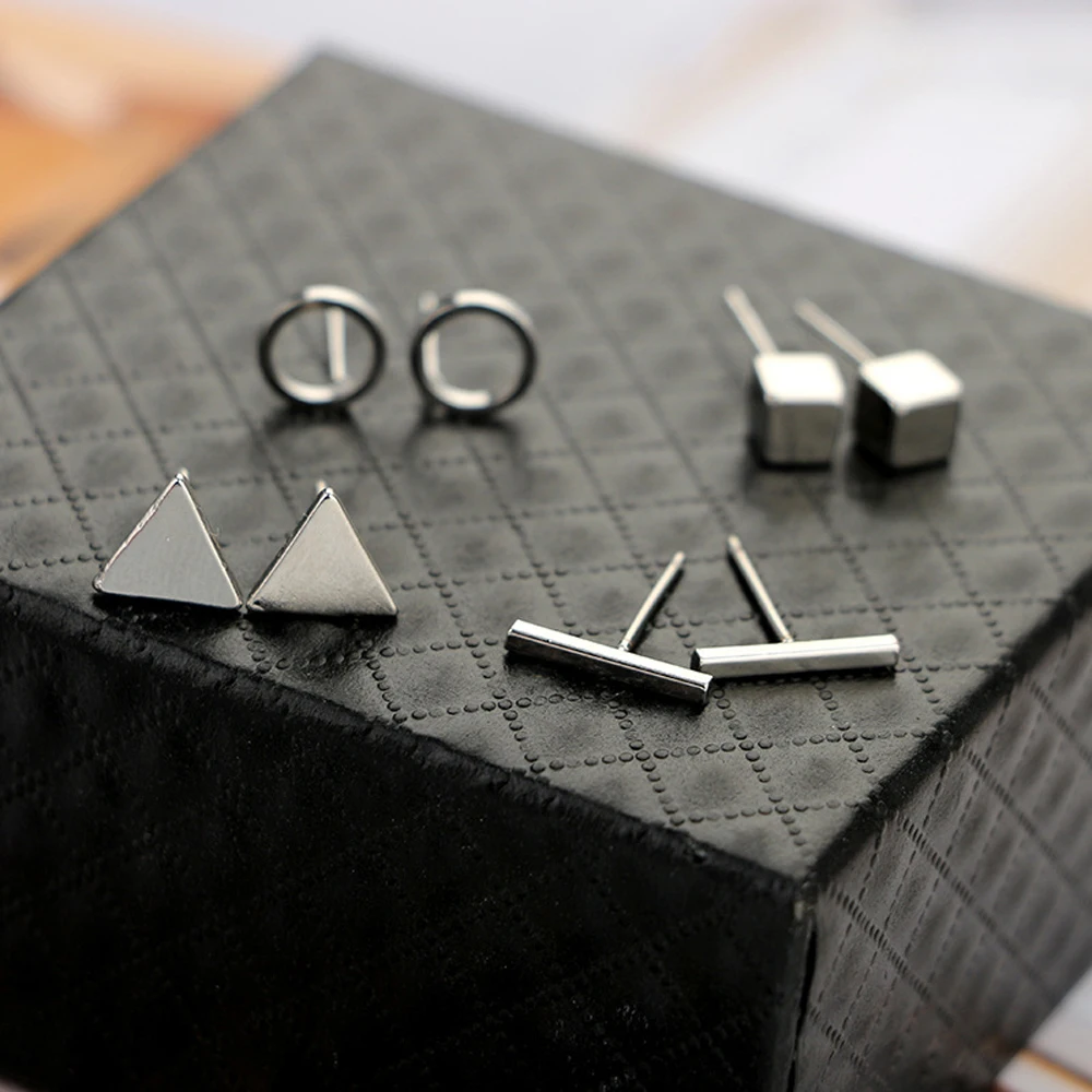 SUMENG 2024 New Arrival 4 Pairs Round Triangle Shaped Black Colors Geometric Alloy Stud Earring For Women Fashion Jewelry Gifts