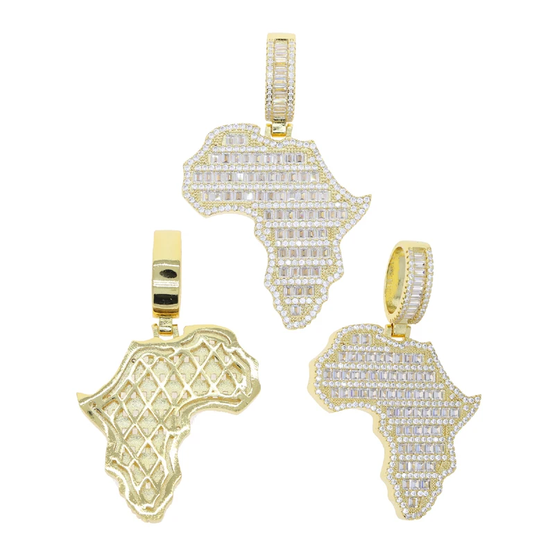 New Arrive Rectangle Cubic Zirconia CZ Paved Bling Africa Map Shaped Pendant Necklace Hip Hop Men Boy Cool Meaning Jewelry