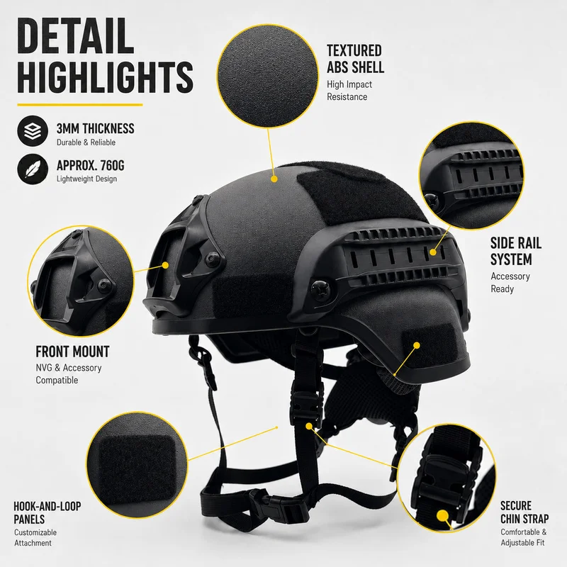 MICH2000 Helmet ABS Lightweight Outdoor Airsoft Helmet 54-60cm Adjustable Suspension with Side Rails Front Mount