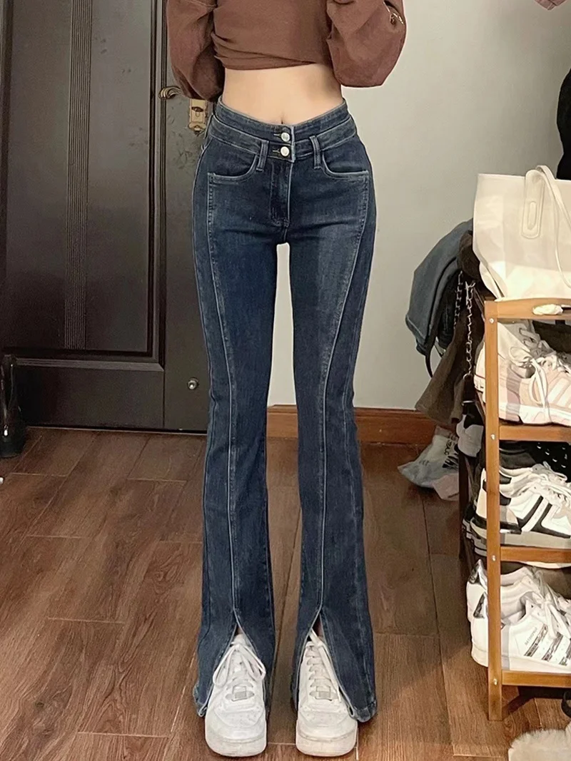 Elastic Slit Straight Leg Jeans Women's High Waist Flared Pants Slimming Wide Leg Trousers Cotton Stretch Denim Autumn Faion