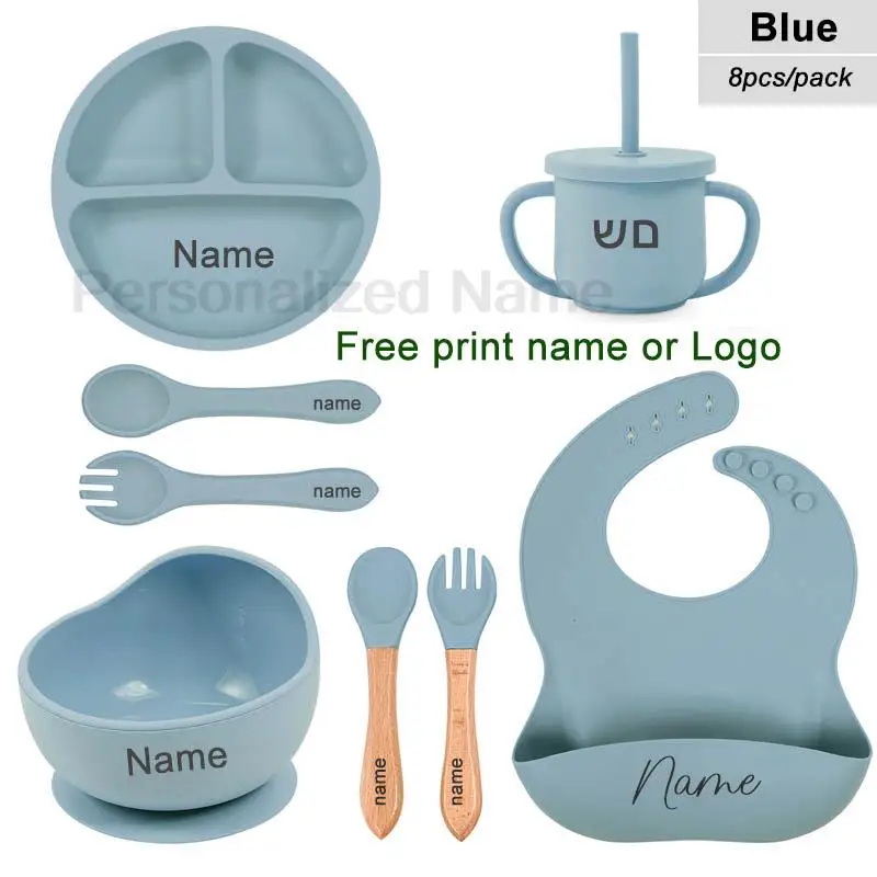 6Pcs Silikon Geschirr Für Kinder Baby Fütterung Sets Sauger Schüssel Esszimmer Platte Löffel Gabel Bib Tasse Personalisierte Name kinder geschenk – Detail 14