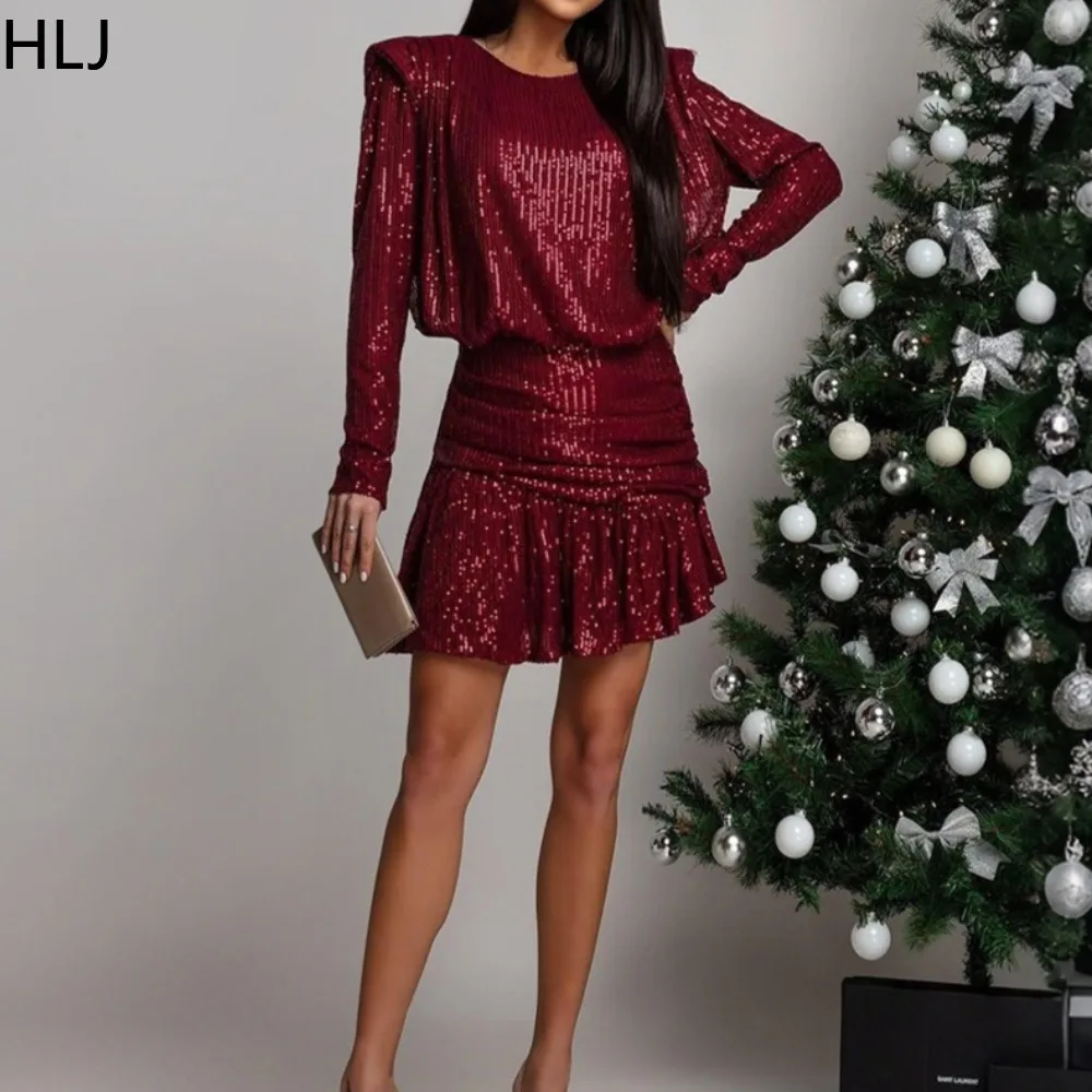 

HLJ Sexy Sequin Patchwork Bodycon Dresses for Woman Solid Color Long Sleeves Shining Dress Female Party Clubwear Vestidos New