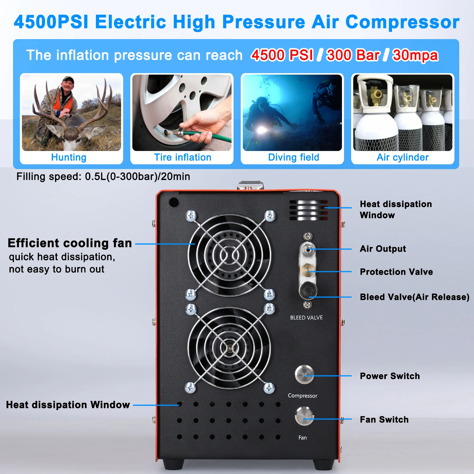 4500PSI Electric High Pressure Air Compressor with Barometer Intelligent Portable Automatic Shutdown Outdoor Air Compressor