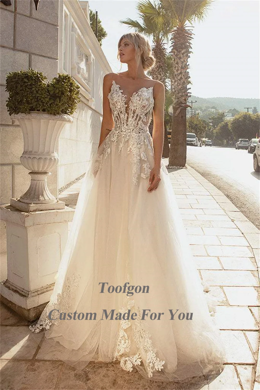 Toofgon-Robes de soirée formelles en dentelle pour femmes, appliques Scoop nude, robes Boho dos nu, patients de princesse, quoi que ce soit pour la mariée, 2023