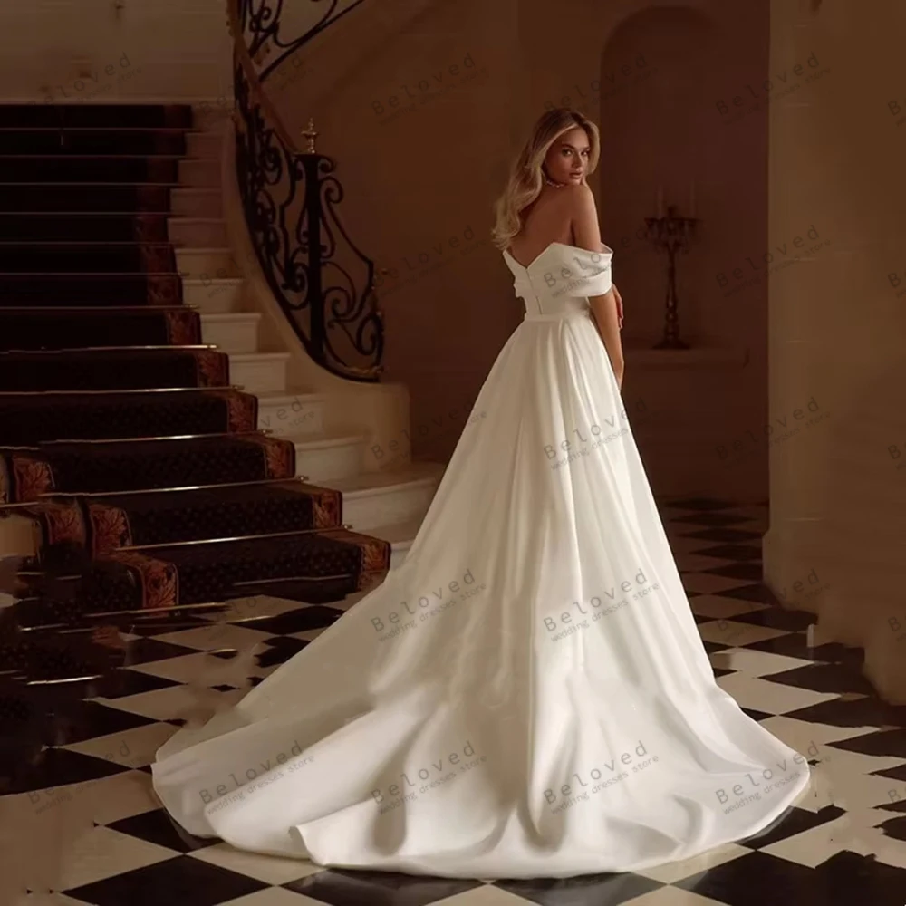 فساتين زفاف رشيقة من الساتان زي العرائس قبالة الكتف الجلباب ذيل قابل للانفصال براقة Vestidos De Novia مخصص 2026 #3