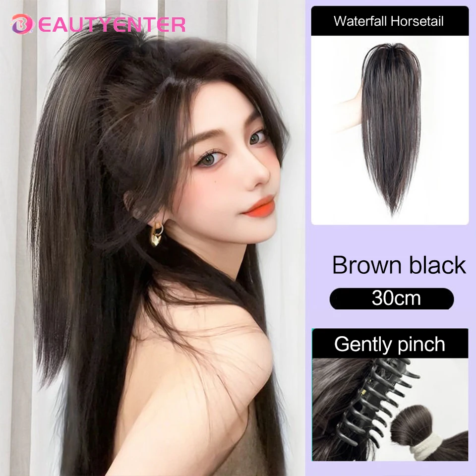 Extensions de Cheveux Synthétiques Courts et Lisses avec Pince à Griffe, Queue de Cheval Naturelle, Postiche Marron, pour Femme