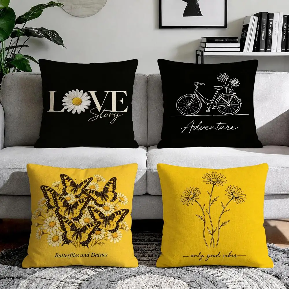 Daisy Line Bicycle Simple Style Cushion Cover Natural Breathable Durable Linen Printed Decor Pillow Case Sofa Bedroom