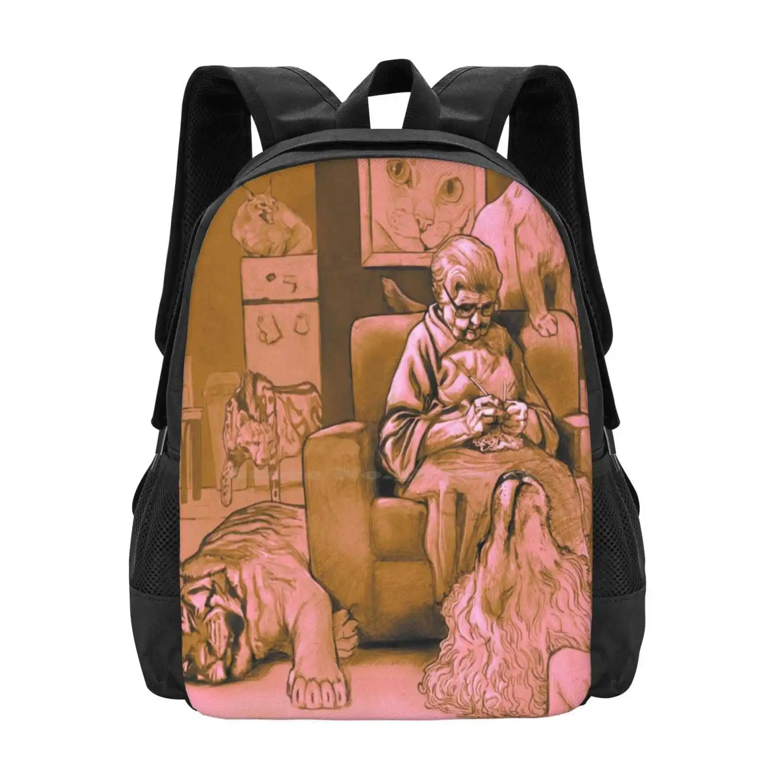 

Cat Lady Chilling Knitting Graphic Illustration School Bags For Teenage Girls Laptop Travel Bags Big Cats Lion Tiger Cheetah