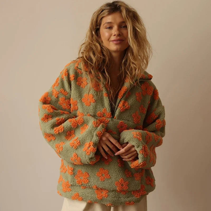 Fleece Flower Sweatshirt For Women 2025 Autumn Winter New Fashion Hoodies Warm Fur Top Zipper Pullovers Casual Outwear