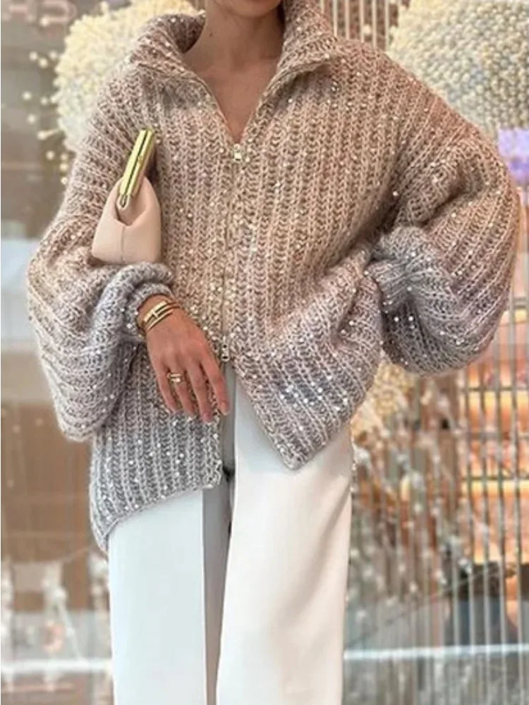 Fashionable Versatile Sweater Zipper Trendy Cardigan High-end Temperament Small Fragrance Comfortable Sequin V-neck Sweater