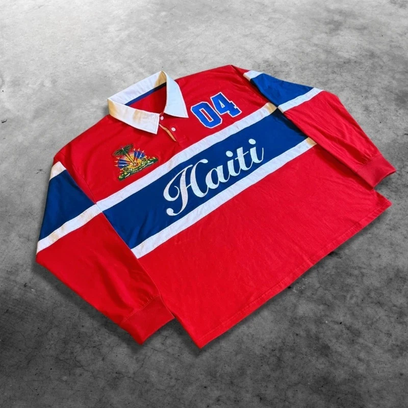 Mens Polo Shirt Rugby Long Sleeve Color Block Red Blue White Harajuku Unisex Casual Loose Fit Streetwear Preppy Sports Fashion