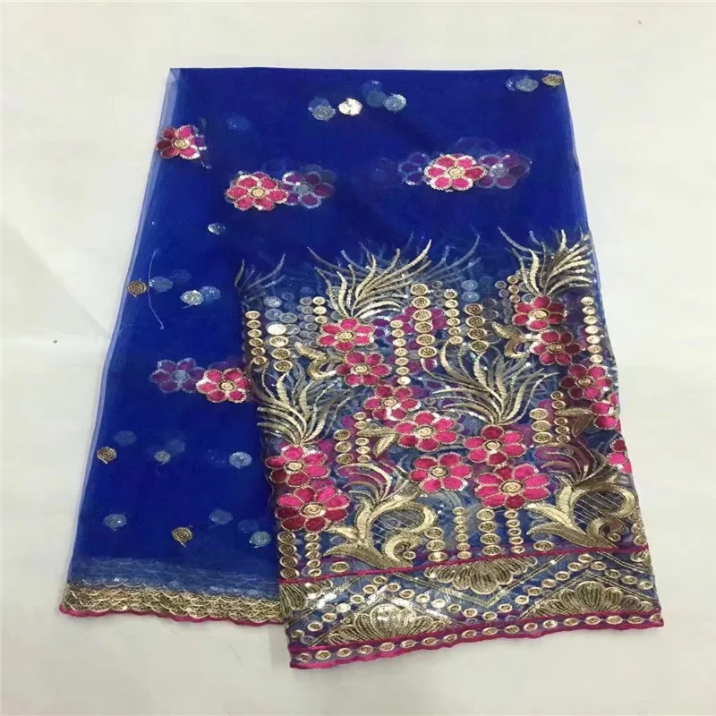 

royal blue lace fabric 2022 latest gold Indian sari fabric high quality tulle sequined lace fabric for wedding dress