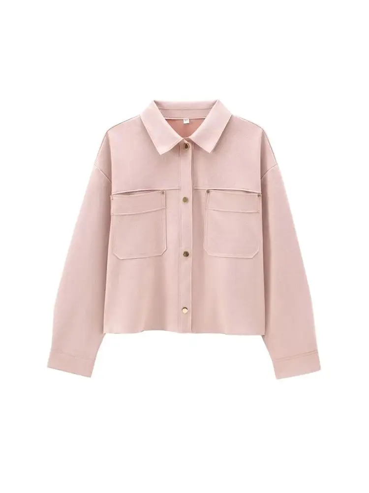 Faux Suede Jacket for Women, Patch Pockets, Loose Coat, Long Sleeve, Snap Button, Female Outerwear, Chic Tops, Fashion