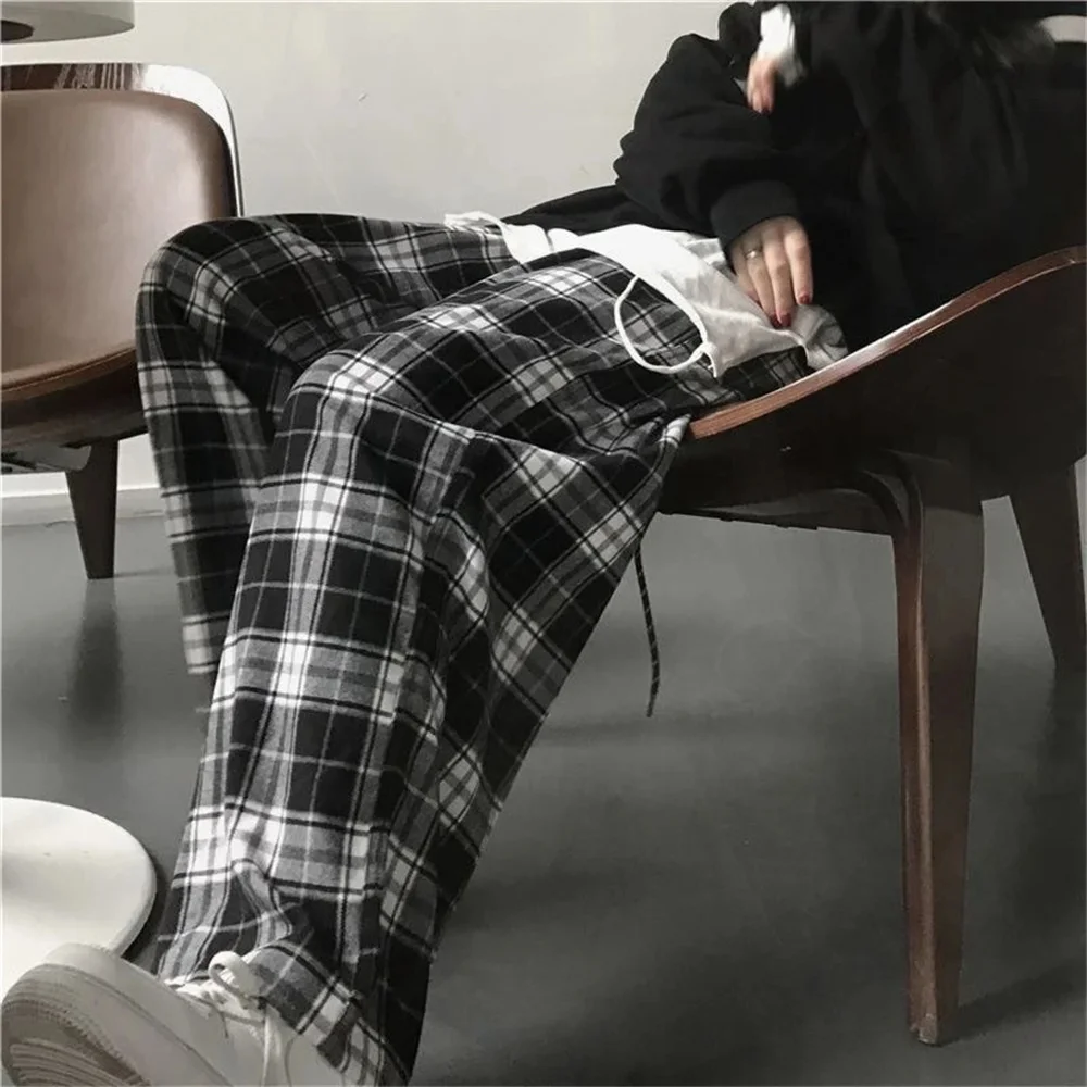 

Baggy Elastic Waist Pockets Student Unisex Hip Hop Loose Trousers Oversize Fashion Black Plaid Casual Pants Women Sweatpants