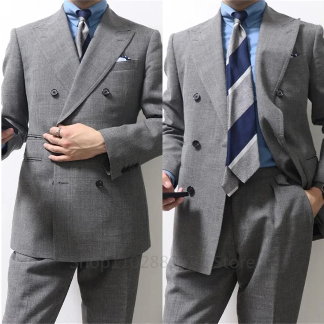 

2 Piece Gray Men Suits Peak Lapel Jacket Pants Wedding Italian Blazer Groom Tuxedos Fashion Prom Party Casual Men Clothes