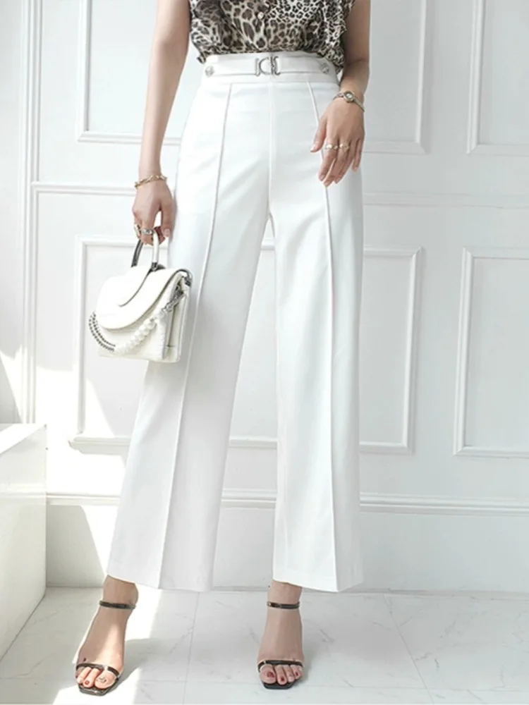 

Women's High Waisted Straight Suit Pants, Ankle-Length, Wide Leg Pants, White, Loose, Monochromatic, Summer, Autumn Fashion, New