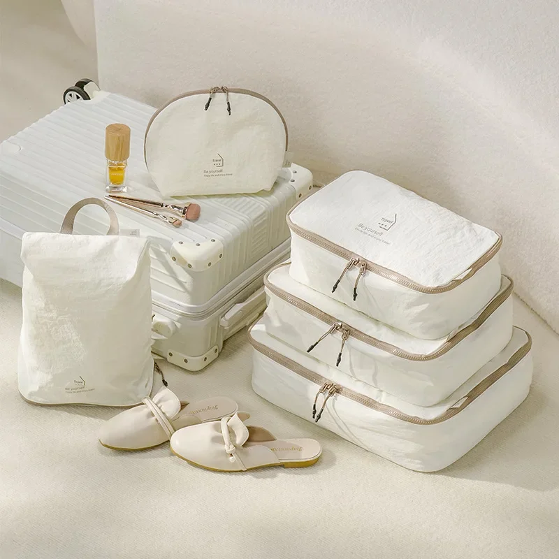 Set penyimpanan tas travel Taslon lima potong, tas sepatu, tas pakaian dalam, praktis untuk perjalanan, set penyimpanan koper, anti air