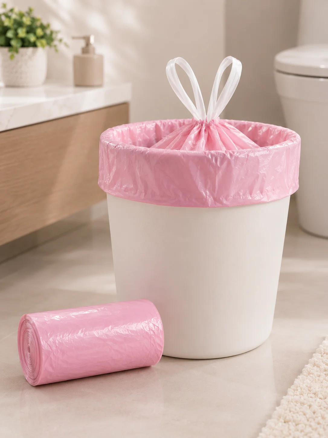 50PCS Pink Drawstring Trash Bags,1 Rolls 4 Gallon Small Garbage Bags, 17.7 x 17.7 in Disposable Bin Liners for Kitchen, Bathroom, Bedroom and Home Use