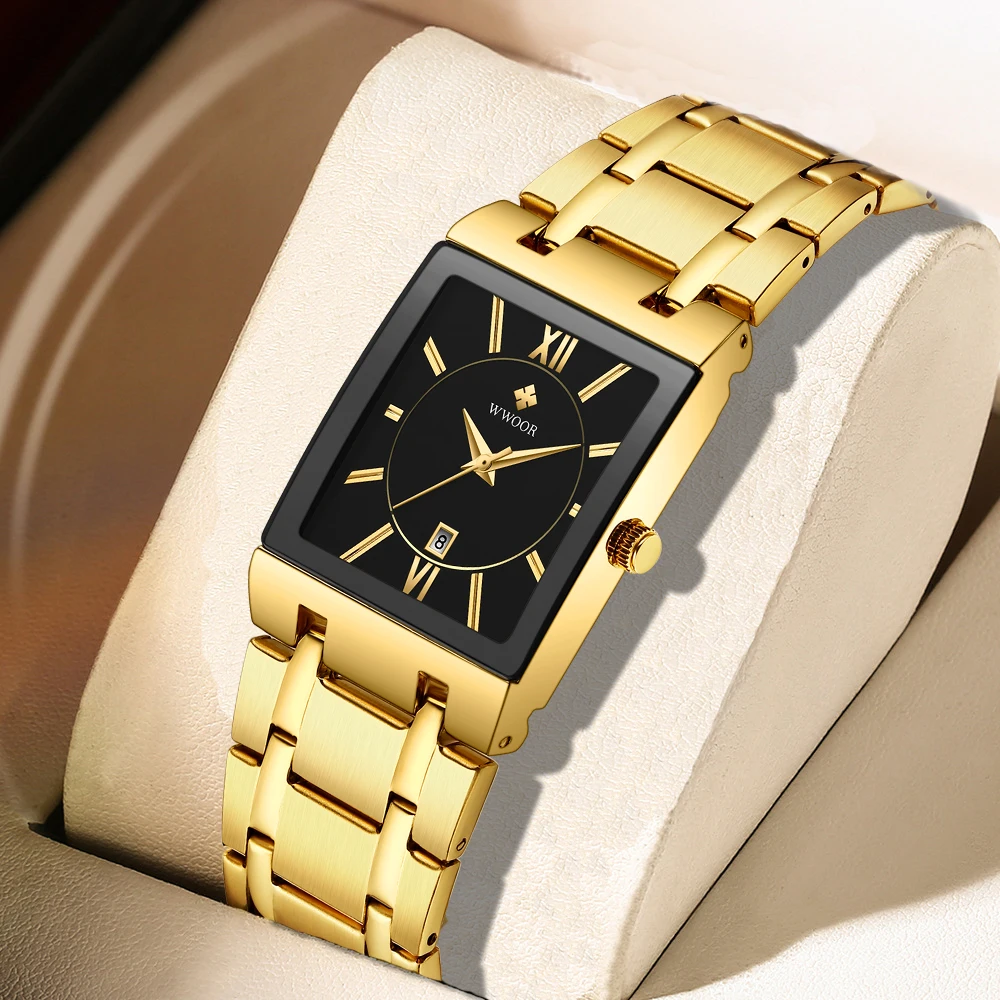 Reloj Masculino WWOOR, reloj dorado, relojes cuadrados para hombre, relojes de pulsera impermeables de acero inoxidable de cuarzo dorado de lujo de