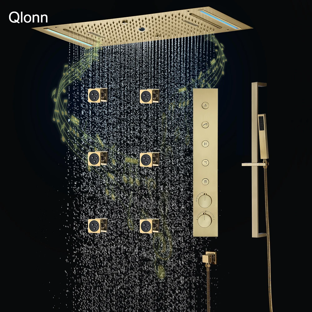 Qlonn 638*338mm Smart Music LED Shower Head Golden Shower System Bathroom Faucet Multi Functions Push Button Thermostatic Mixer