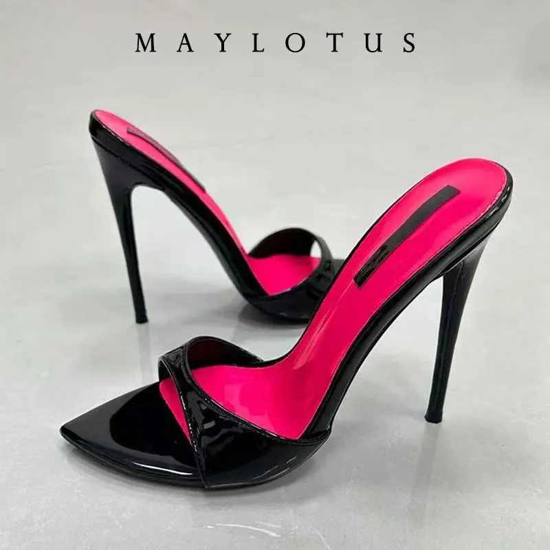 Size 35-46 Patchwork Stiletto Heel Slippers Newest Pointed Open Toe One Strap Thin Heel Slip-on Sandals Sexy Dress Mules