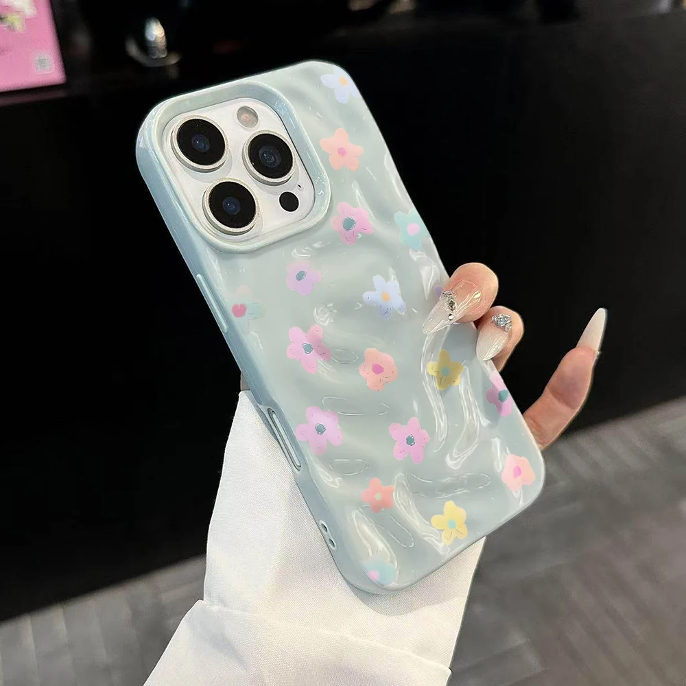 Einfache Handyhülle mit Frühlingsblumenmuster für iPhone 17 16 15 14 13 12 11 Pro Max 14 Plus 17Air, weiche Silikonhülle mit Falten-Wellen-Design – Detail 2