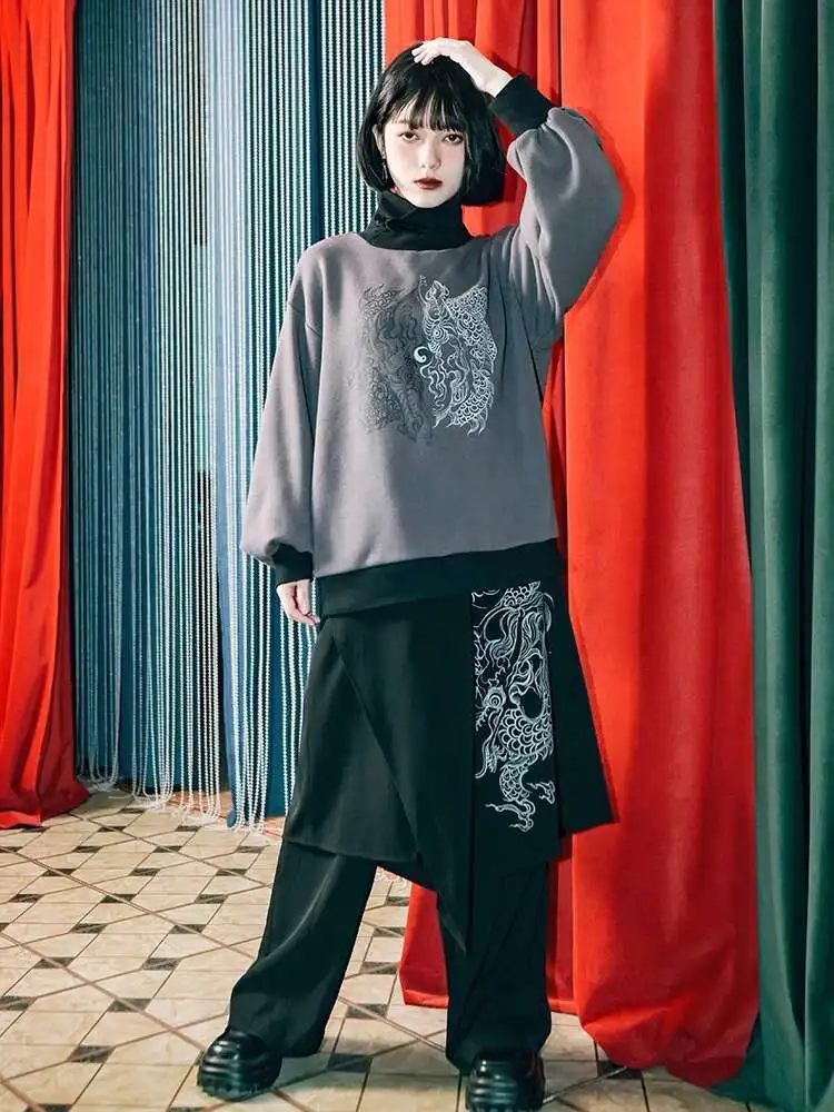 New Chinese Style National Style Han Elements Dragon Pattern Printing Culotte Loose And Comfortable Fake Two Pieces Montage