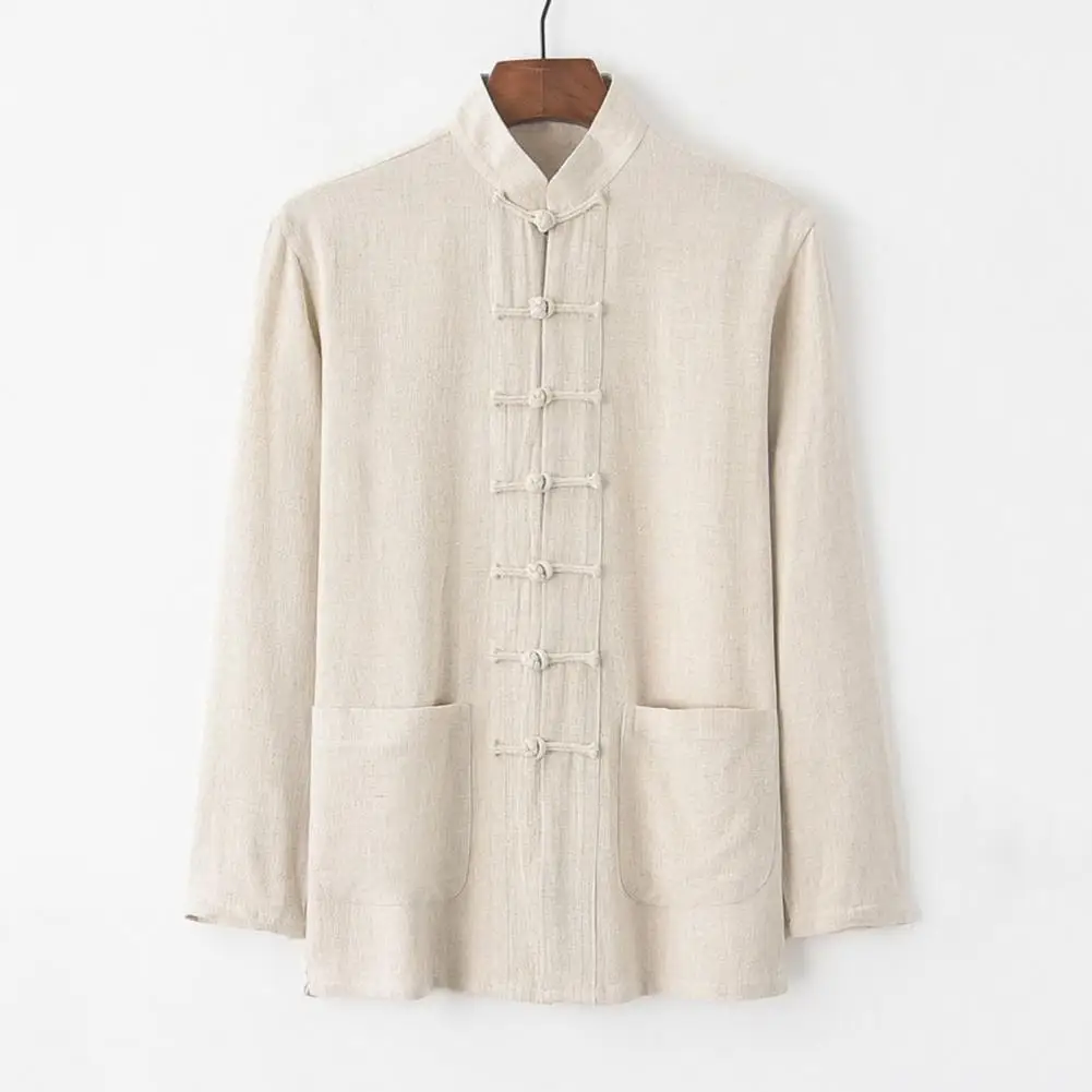 Мужской костюм из двух предметов в китайском стиле, мужской комплект из двух предметов с рубашкой и воротником-стойкой, брюки с эластичным поясом, повседневный костюм с длинными рукавами и дисками