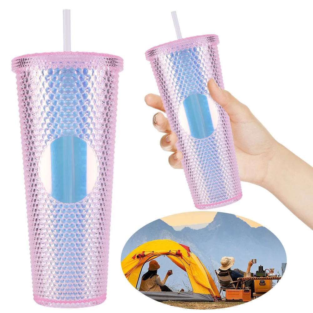 710ml Plastic Straw Cup Drinking Cup Double-Walled Rhinestone Rivet Cup Large Capacity Bubble Tea Cup for Home & Outdoor