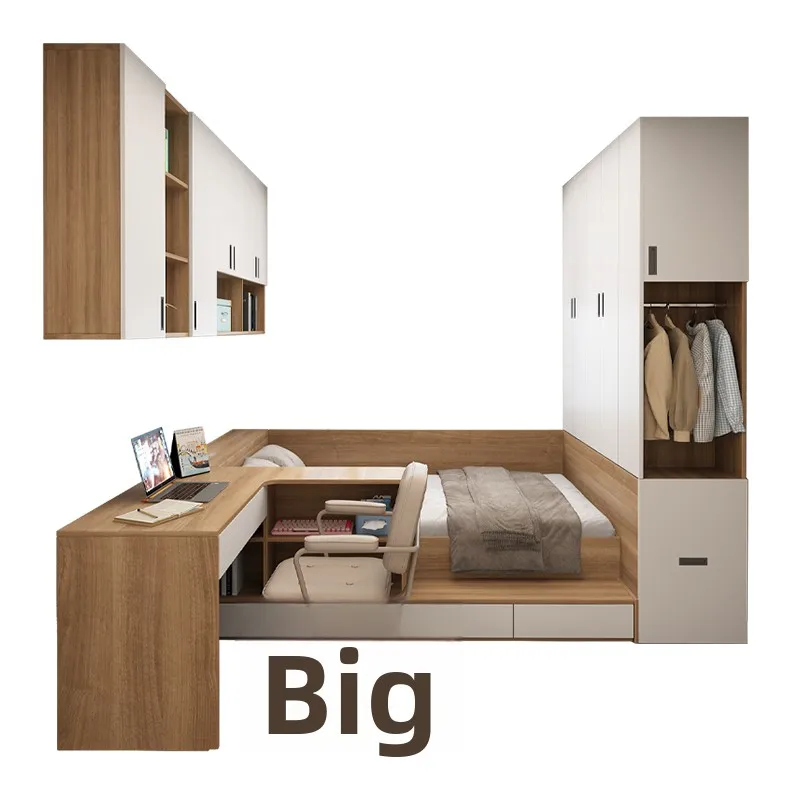 Small apartment high box tatami with desk bed wardrobe integrated bed combination board small room multi-function single bed