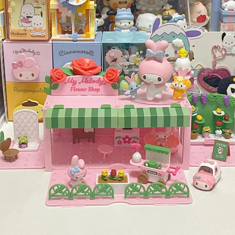 Sanrio Hello Kitty Kuromi My Melody Cinnamonroll Stacked Apartment Play House Toy Cartoon Diy Street View Town Decorative Gifts