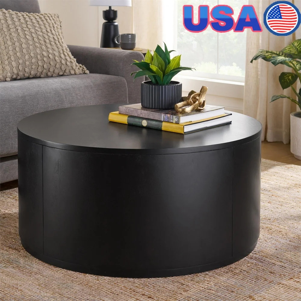 

Круглый журнальный столик Miller Drum, черный деревянный раствор для хранения, деревенский шик, современный фермерский дом, для использования в помещении, полностью собранный