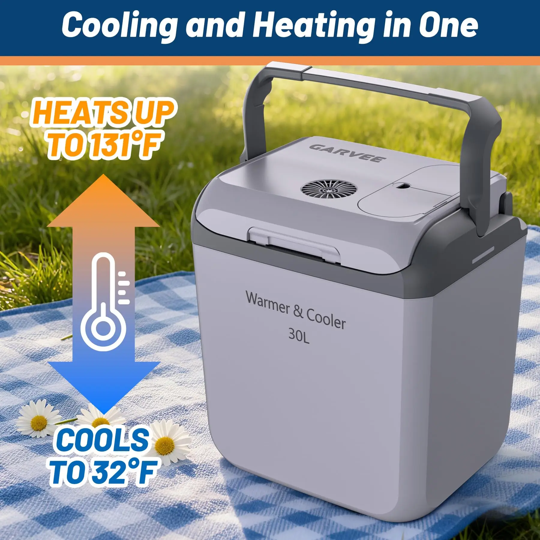35 QT (33 L) Electric Cooler & Warmer with Handle,  Portable Car Refrigerator, 12V Car Cooler, 110V AC Home Power Cord, Plug In Coolers, Car fridge for Vehicle, Truck, Travel, Camping, Gray
