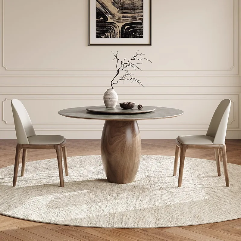 

Matte slate round table with turntable for 6 people for home use Modern simple North American black walnut designer solid wood d