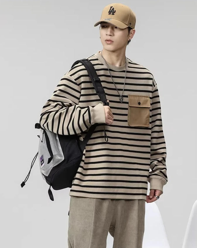 Spring and Autumn Commuting Style Men's Khaki Striped Loose Casual Simple Round Neck Long Sleeve Pocket Design T-Shirt