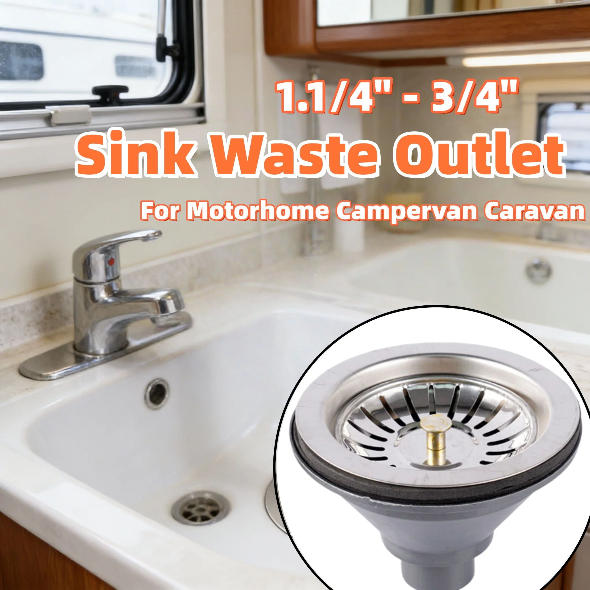 

RV Sink Waste Outlet 1.1/4" - 3/4" Stainless Steel Straight Plug Hole Hand Wash Basin Sink Parts For Motorhome Campervan Caravan