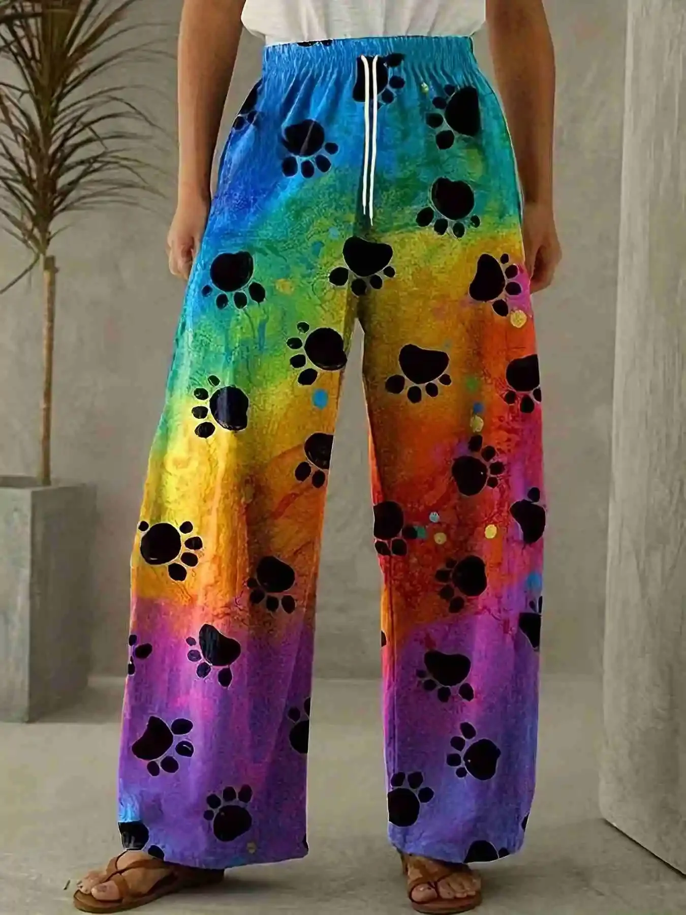 2026 Summer Women's Cute Rainbow Dog Paw Print Pants Elastic High Waist Casual Loose Fit Loungewear Trousers for Pet Lovers Kids