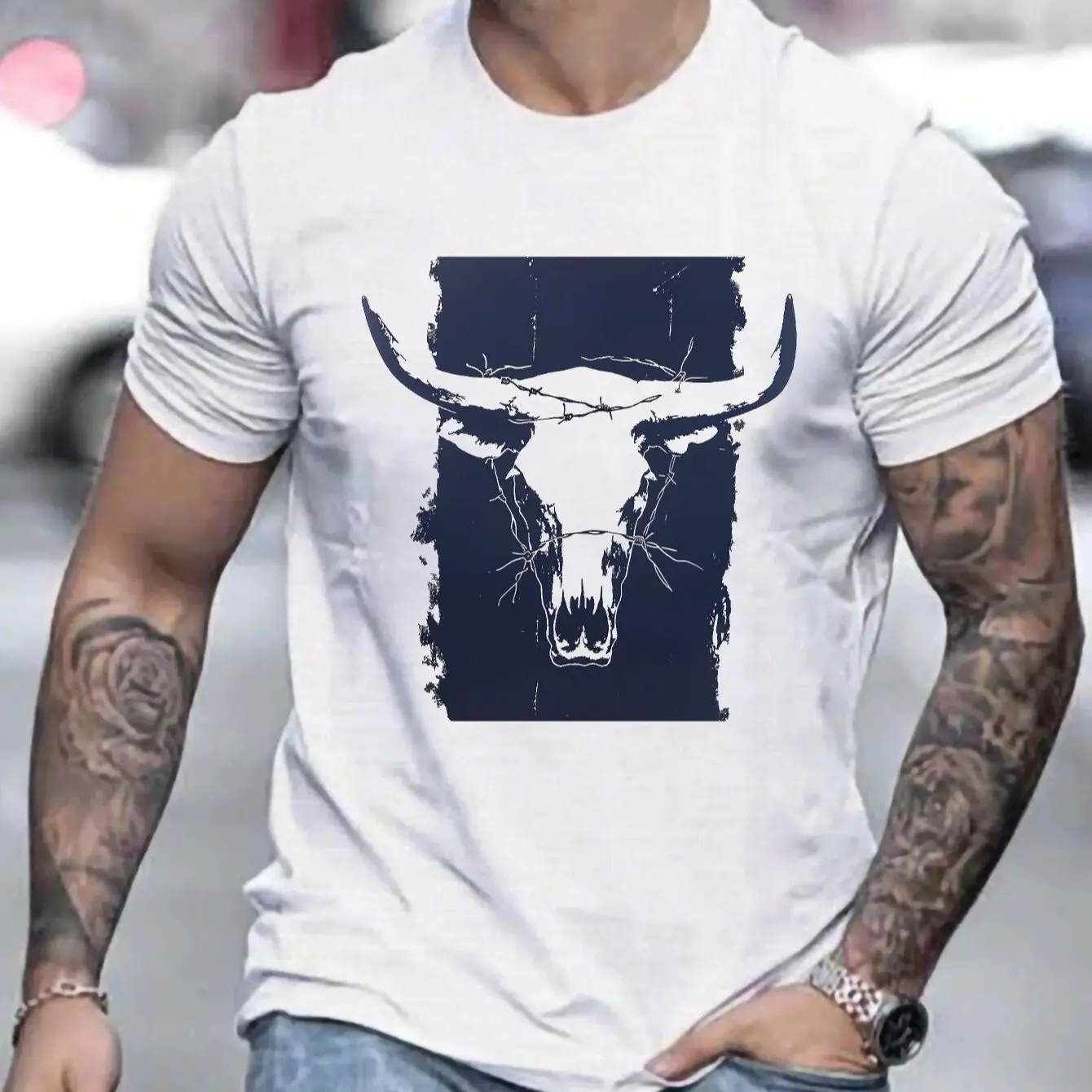 Summer Men's 100% Cotton Crew Neck T‑Shirt, Western Bull Head Pattern Print, Casual Loose‑Fit Plus‑Size Daily Short Sleeve Top