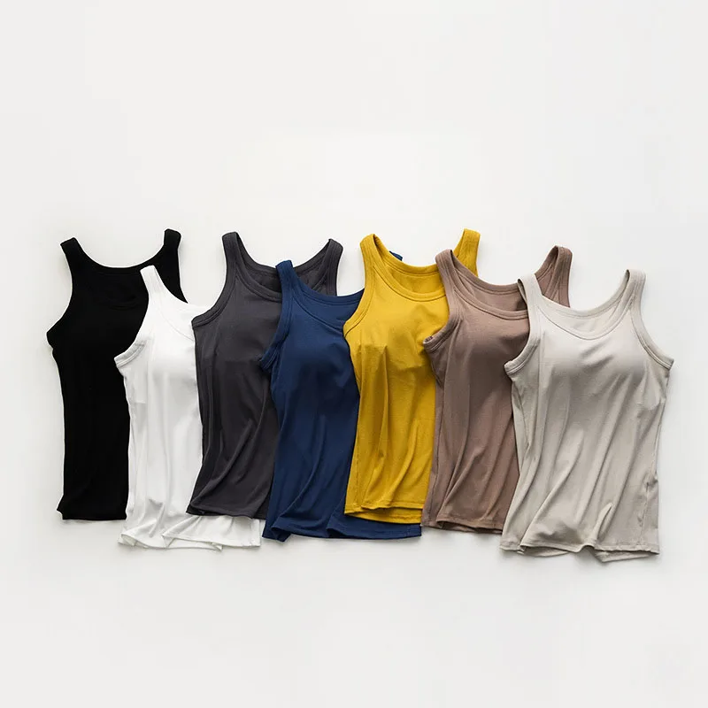 Ribbed Women's Camisole with Padded Wireless Bust Solid Color Casual Slim Undershirts Round Neck Camis Tank Female Outwear C5834