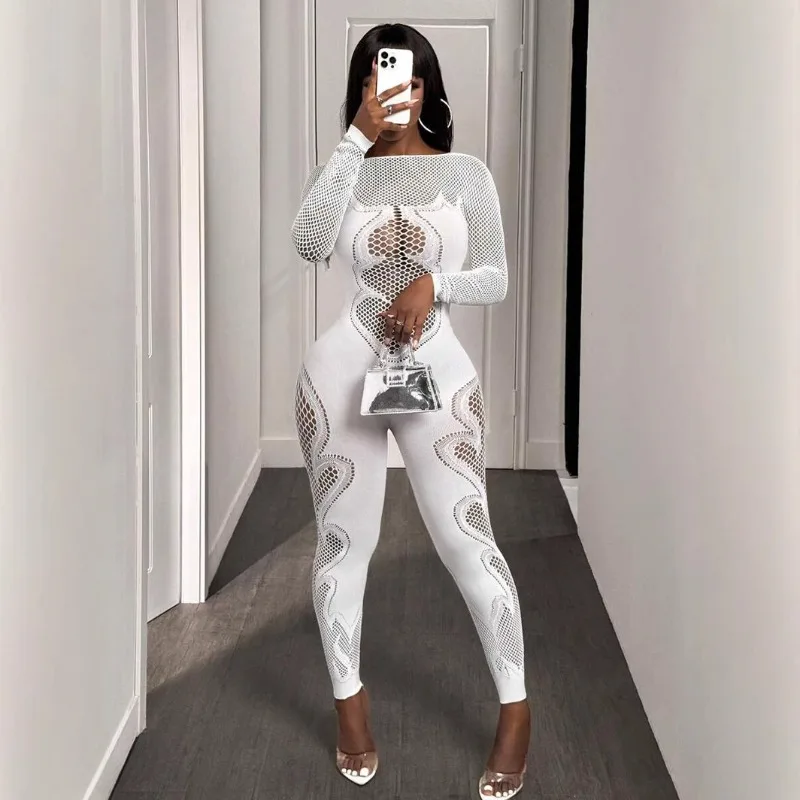 

O-neck Full Sleeve Women Mesh Hollow Out Jumpsuits Casual Night Club Sexystreet Sexy Perspective Outfits Rompers