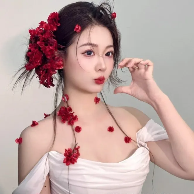 جديد النمط الصيني بورجوندي زهرة مجففة مهدب Diy الإناث سوبر الجنية محاكاة رئيس زهرة غطاء الرأس الزفاف