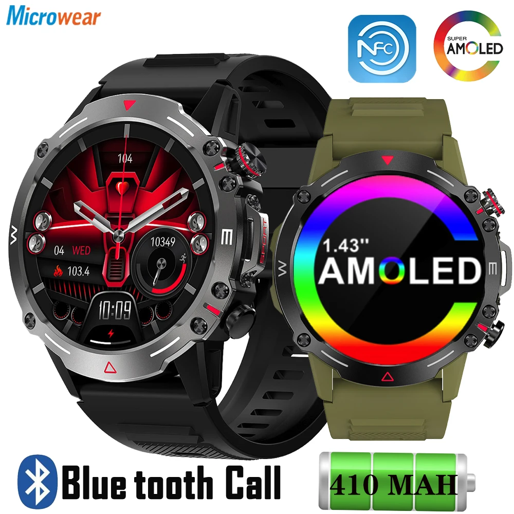 

2024 New Men Outdoor Sports 1.43" AMOLED Smart Watch Blue Tooth Call NFC Heart Rate Waterproof 410mAh Voice Assistant Smartwatch