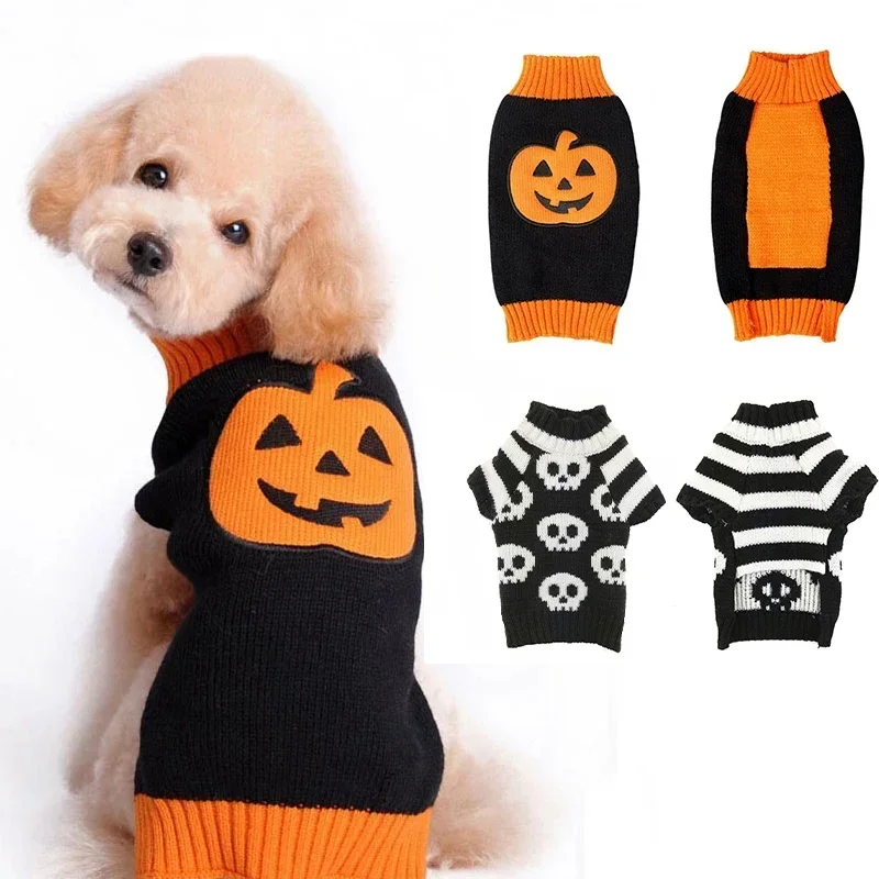 Halloween Dog Sweater Costume Skull Pumpkin Holiday Clothes Chihuahua Teddy for Small Medium Large Dog Cat Autumn Winter Warm