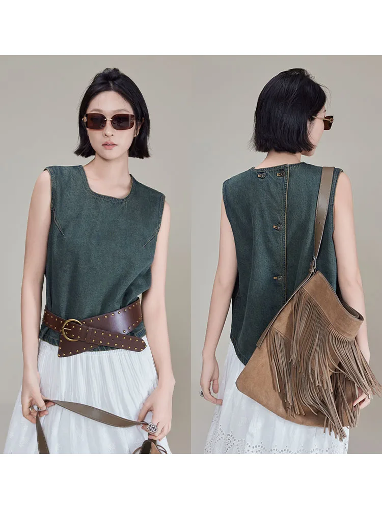 

Женский джинсовый жилет Meiyang, круглый вырез, двусторонний, на пуговицах, из смесового хлопка, повседневный летний жилет, в стиле «сольно-желтый яичный желток», деструктивный