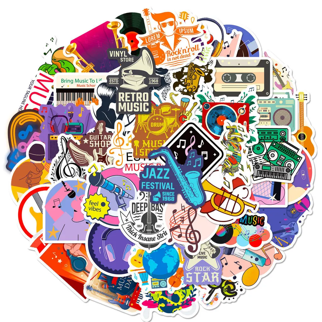 50Pcs Headphone & Music Stickers, Cool Rock Band European American Style Decals for DIY Decor Golden Memory Stickers Store